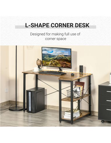 HOMCOM L-Shaped Computer Desk with Steel Frame, Rustic Brown 836-461