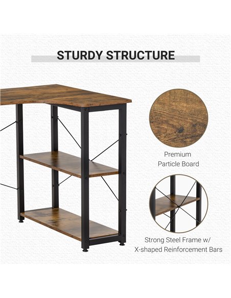 HOMCOM L-Shaped Computer Desk Home Office Corner Desk Study Workstation Table with 2 Shelves, Steel Frame, Rustic Brown - pic 29667 | FastDaddyshop