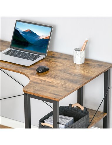 HOMCOM L-Shaped Computer Desk Home Office Corner Desk Study Workstation Table with 2 Shelves, Steel Frame, Rustic Brown