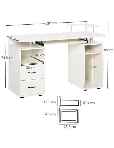 HOMCOM Computer Desk Office PC Table Workstation with Keyboard Tray, CPU Shelf, Drawers, Sliding Scanner Shelf, White - pic 29681 | FastDaddyshop
