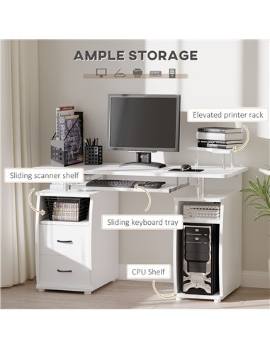HOMCOM Computer Desk with CPU Shelf, Drawers, White 920-011V82WT