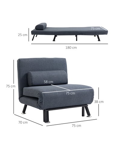 HOMCOM Single Sofa Bed Sleeper, Foldable Portable Pillow Lounge Couch Living Room Furniture, Dark Grey