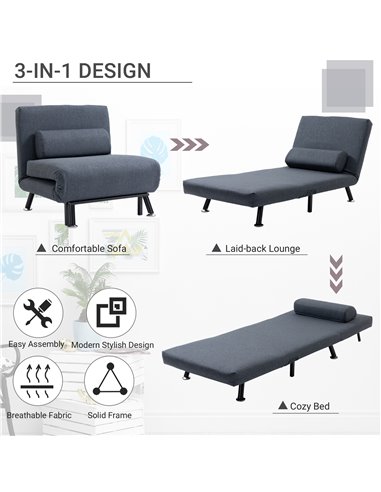 HOMCOM Single Sofa Bed Sleeper, Foldable Portable Pillow Lounge Couch Living Room Furniture, Dark Grey