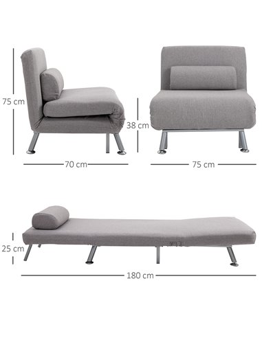 HOMCOM Single Sofa Bed Futon Chair Sleeper, Foldable Portable Lounge Couch, Living Room Furniture Grey