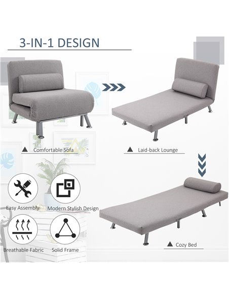 HOMCOM Single Sofa Bed Futon Chair Sleeper, Foldable Portable Lounge Couch, Living Room Furniture Grey - pic 29938 | FastDaddyshop