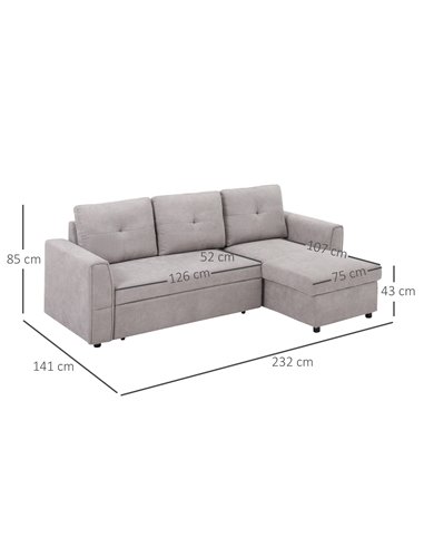 HOMCOM Linen-Look L-Shaped Sofa Bed, Reversible Couch with Storage, Grey