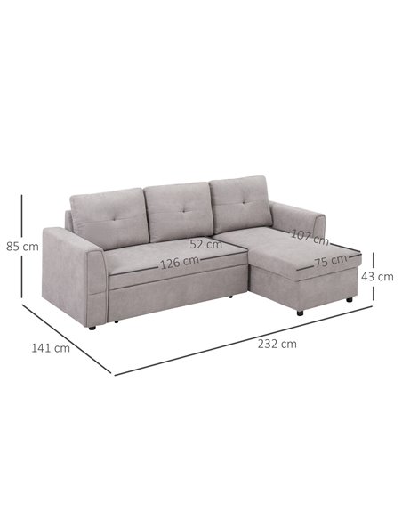HOMCOM Linen-Look L-Shaped Sofa Bed, Reversible Couch with Storage, Grey - pic 29952 | FastDaddyshop