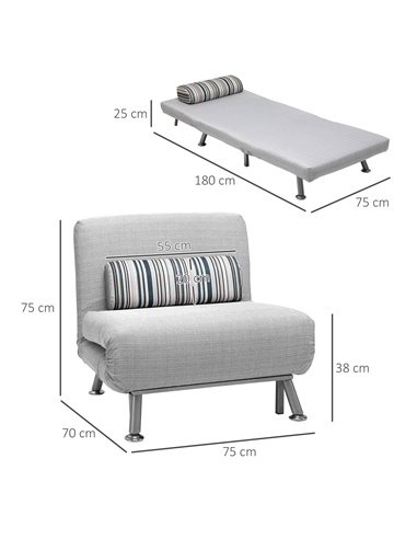 HOMCOM Single Sofa Bed, 1 Person Sleeper Foldable Lounge with Pillow, Grey