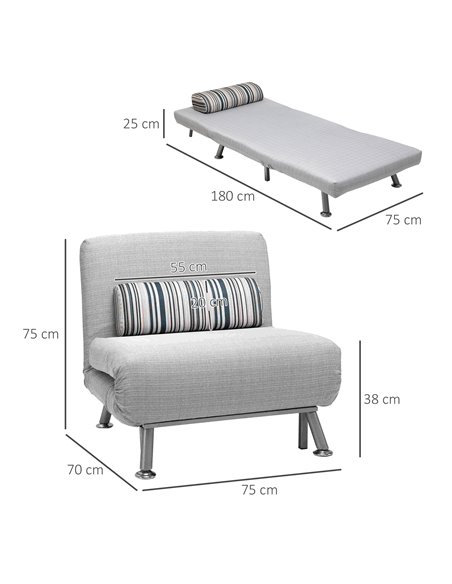 HOMCOM Single Sofa Bed, 1 Person Sleeper Foldable Lounge with Pillow, Grey - pic 29970 | FastDaddyshop