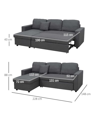 HOMCOM 3 Seater Corner Sofa Bed with Storage, L Couches for Living Room with Chaise Lounge, Double Sofa, Grey