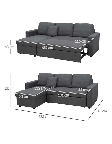 HOMCOM 3 Seater Corner Sofa Bed with Storage, L Couches for Living Room with Chaise Lounge, Double Sofa, Grey - pic 29979 | FastDaddyshop