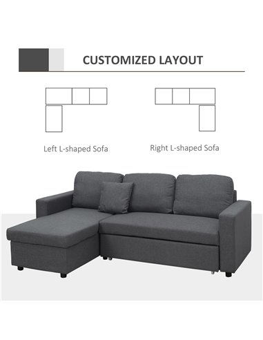 HOMCOM 3 Seater Corner Sofa Bed with Storage, L Couches for Living Room with Chaise Lounge, Double Sofa, Grey