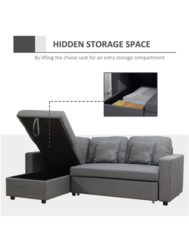 HOMCOM 3 Seater Corner Sofa Bed with Storage, L Couches for Living Room with Chaise Lounge, Double Sofa, Grey