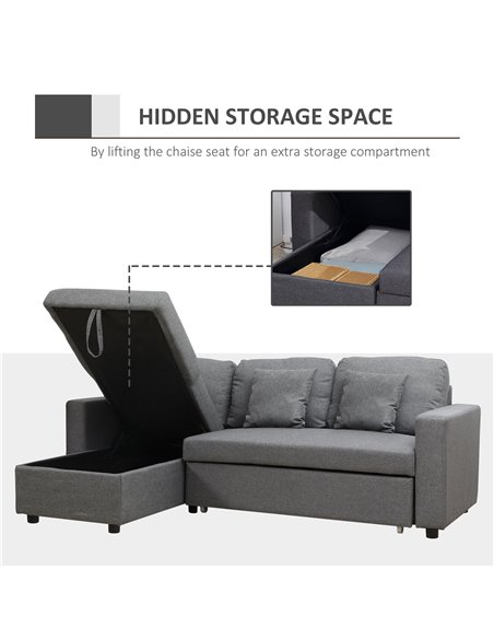 HOMCOM 3 Seater Corner Sofa Bed with Storage, L Couches for Living Room with Chaise Lounge, Double Sofa, Grey - pic 29983 | FastDaddyshop