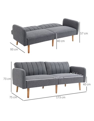 HOMCOM Two Seater Sofa Bed, Convertible Linen Fabric Sofa Couch, Click Clack Sofabed with Adjustable Split Backrest, Grey