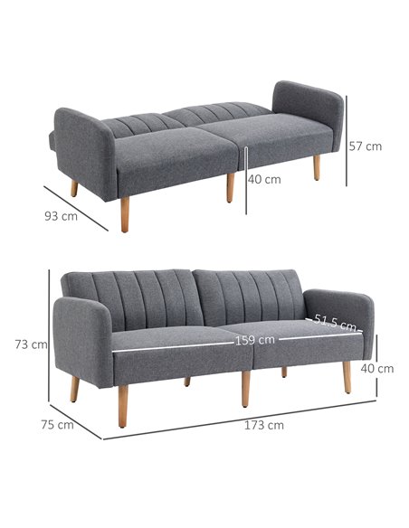 HOMCOM Two Seater Sofa Bed, Convertible Linen Fabric Sofa Couch, Click Clack Sofabed with Adjustable Split Backrest, Grey - pic 30024 | FastDaddyshop