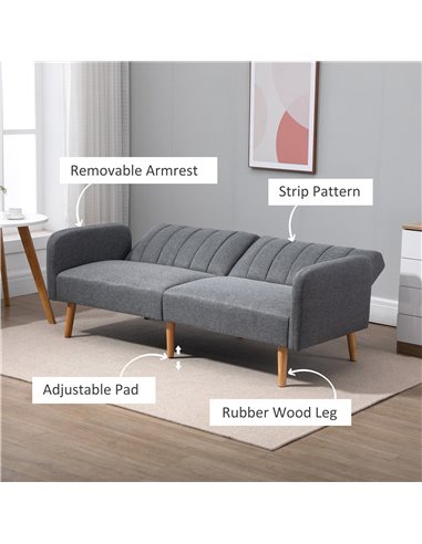 HOMCOM Two Seater Sofa Bed, Convertible Linen Fabric Sofa Couch, Click Clack Sofabed with Adjustable Split Backrest, Grey