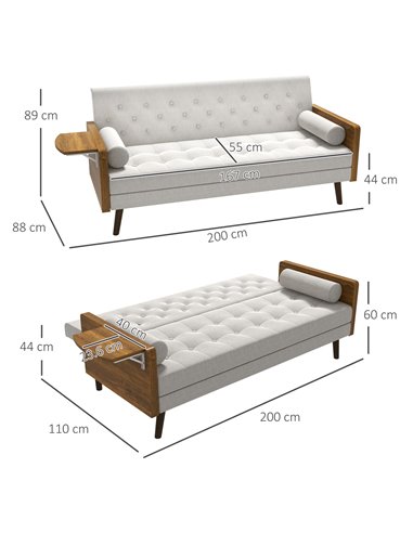 HOMCOM 3-Seater Sofa Bed Click-Clack Button-Tufted Settee Recliner Couch with Wood Legs for Living Room, Beige