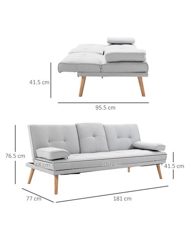 HOMCOM 3 Seater Sofa Bed, Scandinavian Style Recliner with Armrest Cup Holder, Grey