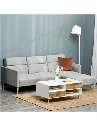 HOMCOM L Shape Sofa Bed Set, Linen Fabric Corner Sofa Bed with Rubber Wood Legs and Footstool, Light Grey