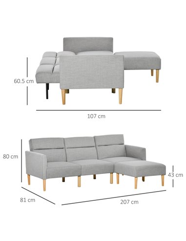 HOMCOM L Shape Sofa Bed Set, Linen Fabric Corner Sofa Bed with Rubber Wood Legs and Footstool, Light Grey