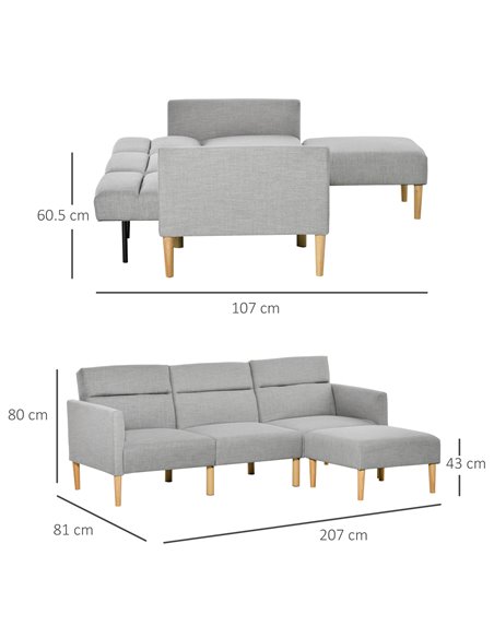 HOMCOM L Shape Sofa Bed Set, Linen Fabric Corner Sofa Bed with Rubber Wood Legs and Footstool, Light Grey - pic 30051 | FastDaddyshop