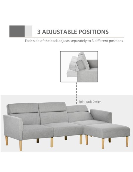 HOMCOM L Shape Sofa Bed Set, Linen Fabric Corner Sofa Bed with Rubber Wood Legs and Footstool, Light Grey - pic 30054 | FastDaddyshop