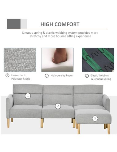 HOMCOM L Shape Sofa Bed Set, Linen Fabric Corner Sofa Bed with Rubber Wood Legs and Footstool, Light Grey