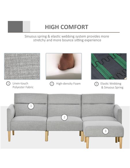 HOMCOM L Shape Sofa Bed Set, Linen Fabric Corner Sofa Bed with Rubber Wood Legs and Footstool, Light Grey - pic 30055 | FastDaddyshop