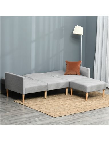 HOMCOM L Shape Sofa Bed Set, Linen Fabric Corner Sofa Bed with Rubber Wood Legs and Footstool, Light Grey
