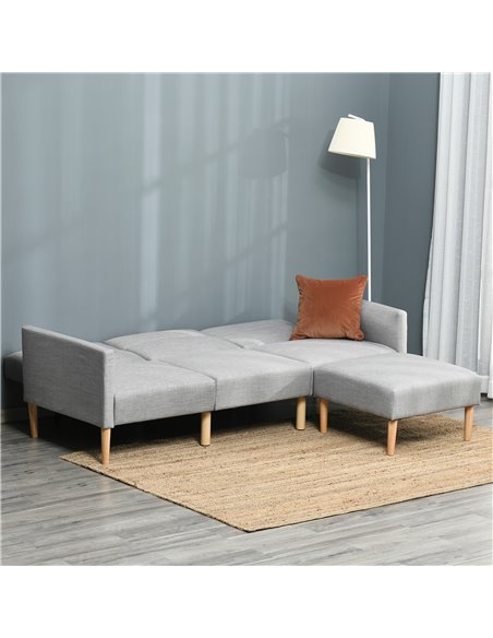 HOMCOM L Shape Sofa Bed Set, Linen Fabric Corner Sofa Bed with Rubber Wood Legs and Footstool, Light Grey - pic 30056 | FastDaddyshop