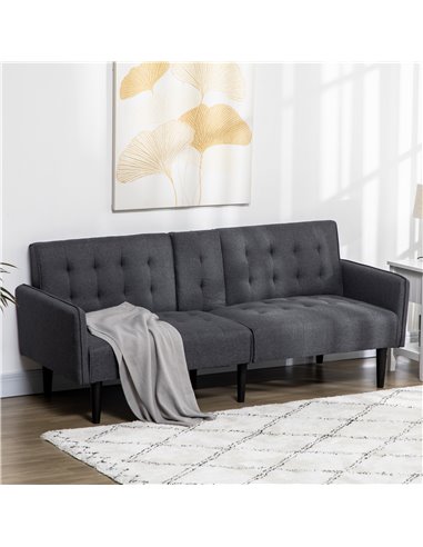 HOMCOM Upholstered Click Clack Sofa Bed, Linen-Feel 3 Seater Sofa Bed with Storage and Cupholders, Grey