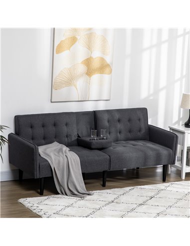 HOMCOM Upholstered Click Clack Sofa Bed, Linen-Feel 3 Seater Sofa Bed with Storage and Cupholders, Grey