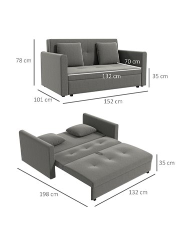 HOMCOM 2 Seater Sofa Bed, Convertible Bed Settee with Cushions, Hidden Storage, Light Grey