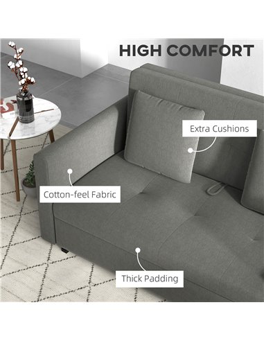 HOMCOM 2 Seater Sofa Bed, Convertible Bed Settee with Cushions, Hidden Storage, Light Grey