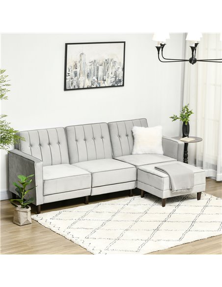 HOMCOM L Shape Sofa Bed Set with 3-Seater Sofa and Footstool, Corner Sofa Bed with Ottoman, Light Grey - pic 30077 | FastDaddyshop