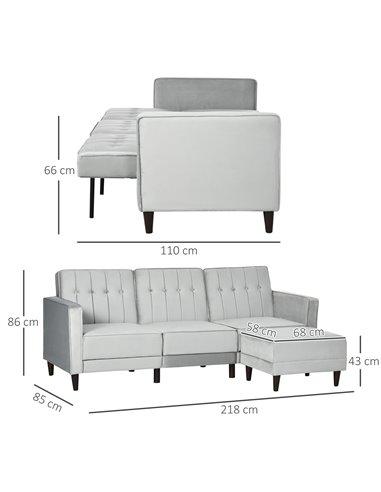 HOMCOM L Shape Sofa Bed Set with 3-Seater Sofa and Footstool, Corner Sofa Bed with Ottoman, Light Grey