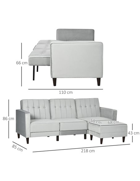 HOMCOM L Shape Sofa Bed Set with 3-Seater Sofa and Footstool, Corner Sofa Bed with Ottoman, Light Grey - pic 30078 | FastDaddyshop