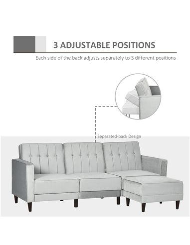 HOMCOM L Shape Sofa Bed Set with 3-Seater Sofa and Footstool, Corner Sofa Bed with Ottoman, Light Grey