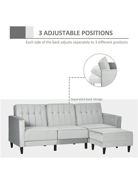 HOMCOM L Shape Sofa Bed Set with 3-Seater Sofa and Footstool, Corner Sofa Bed with Ottoman, Light Grey - pic 30081 | FastDaddyshop