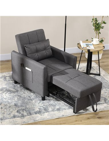 HOMCOM Folding Sofa Bed, 3 in 1 Convertible Chair Bed with Adjustable Backrest, Pillow, Side Pocket, Grey