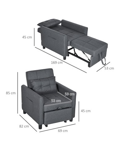 HOMCOM Folding Sofa Bed, 3 in 1 Convertible Chair Bed with Adjustable Backrest, Pillow, Side Pocket, Grey