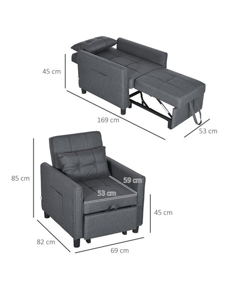 HOMCOM Folding Sofa Bed, 3 in 1 Convertible Chair Bed with Adjustable Backrest, Pillow, Side Pocket, Grey - pic 30087 | FastDaddyshop