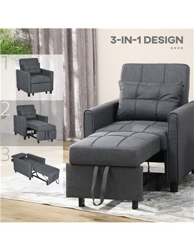 HOMCOM Folding Sofa Bed, 3 in 1 Convertible Chair Bed with Adjustable Backrest, Pillow, Side Pocket, Grey