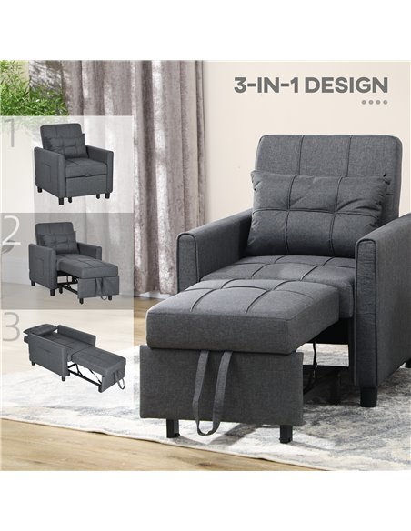 HOMCOM Folding Sofa Bed, 3 in 1 Convertible Chair Bed with Adjustable Backrest, Pillow, Side Pocket, Grey - pic 30090 | FastDaddyshop