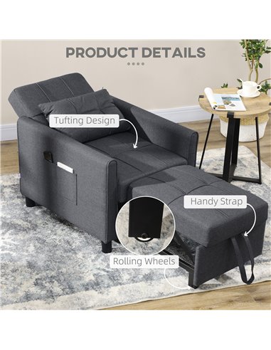 HOMCOM Folding Sofa Bed, 3 in 1 Convertible Chair Bed with Adjustable Backrest, Pillow, Side Pocket, Grey