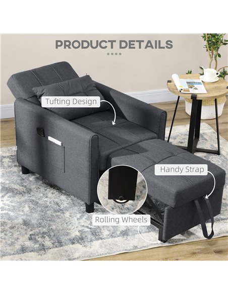 HOMCOM Folding Sofa Bed, 3 in 1 Convertible Chair Bed with Adjustable Backrest, Pillow, Side Pocket, Grey - pic 30091 | FastDaddyshop