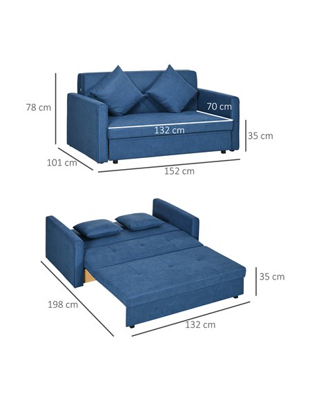 HOMCOM 2 Seater Sofa Bed, Convertible Bed Settee with Cushions, Hidden Storage, Dark Blue - pic 30105 | FastDaddyshop