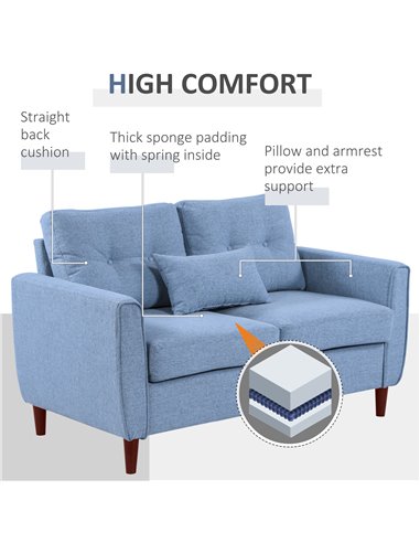 HOMCOM 2 Seat Sofa Double Sofa Loveseat Fabric Wooden Legs Tufted Design for Living Room, Dining Room, Office, Light Blue