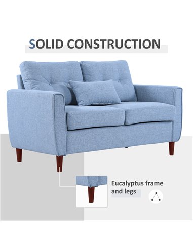 HOMCOM 2 Seat Sofa Double Sofa Loveseat Fabric Wooden Legs Tufted Design for Living Room, Dining Room, Office, Light Blue